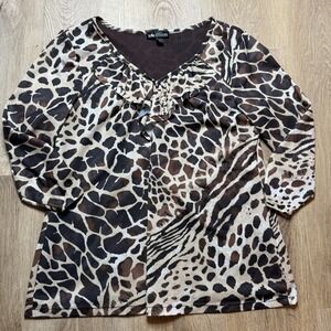 Y2K Animal Print I.N. Studio XL top blouse flutter‎ collar